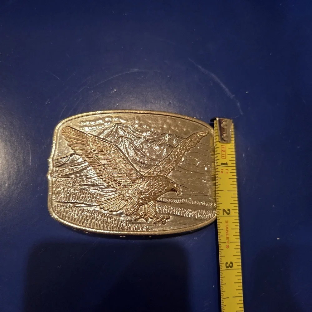 Soaring Eagle Mountain Scene Belt Buckle Brass Gold Tone Rectangular